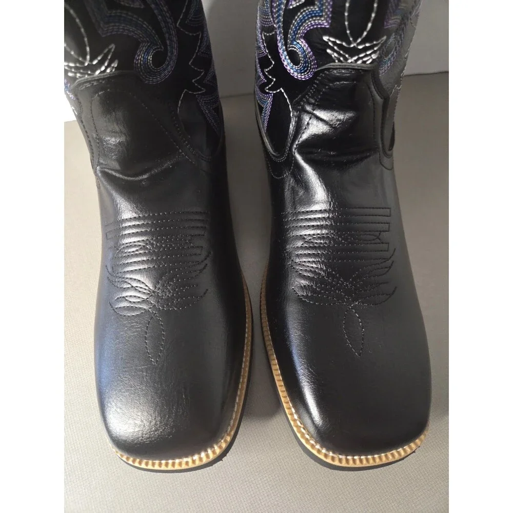 Black Men's Cowboy Western Embroidered Square Toe Boots